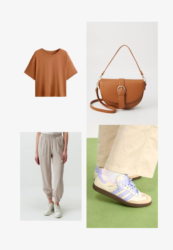Korte mouwen, boxy t-shirt in een roestkleur. Gemaakt van gladde stof met een brede halslijn en een relaxte pasvorm, met een nette zoom.; Lichtbeige broek met een elastische tailleband en gathered enkels, gemaakt van een gestructureerde stof, gecombineerd met witte sneakers.; Crème- en lavendel-sneakers met drie strepen en een gestructureerde bruine zool, voorzien van veters en een gewatteerde hiel. Zachte stoffen bovenkant.; Bruine leren schoudertas met een gebogen vorm, gouden hardware en een gespaccent. Bevat een afneembare schouderriem.