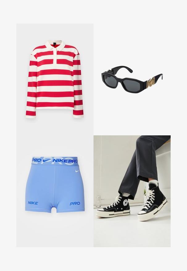 Långärmad polo med röda och vita horisontella ränder, med krage och halvknäppning, tillverkad av en mjuk bomullsmix.; Nike Performance SHORT - Tights - royal pulse/glacier blue/hyper royal/white; Svarta canvas högskurna sneakers med gummitåhätta, vita snören och Converse-logotyp. Har en kontrasterande vit sula och sömmar.; Svarta solglasögon med en kraftig geometrisk ram, mörka linser och guldmetallaccenter på skalmarna som har en rund emblemdetalj.