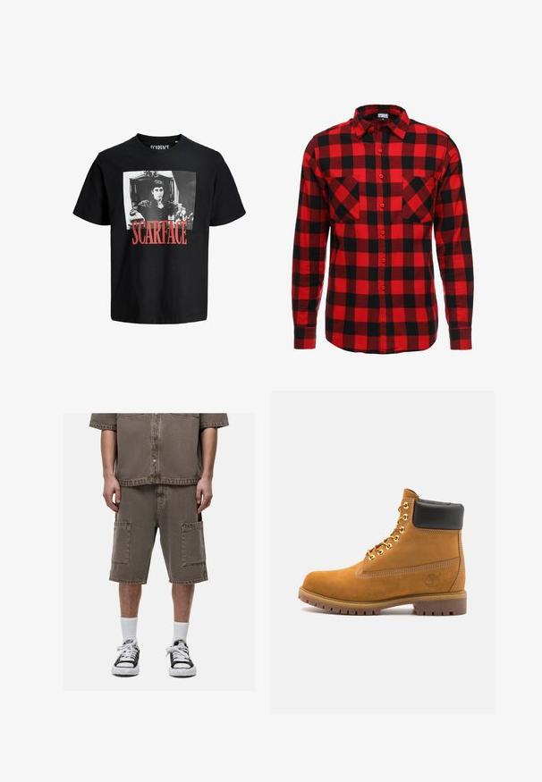 Czarny bawełniany t-shirt z wyraźną białą grafiką przedstawiającą mężczyznę w krześle. Pod obrazem znajduje się napis "SCARFACE" wydrukowany dużymi czerwonymi literami.; Czerwona i czarna koszula flanelowa w kratę z zapięciem na guziki, długimi rękawami i dwiema kieszeniami na piersi. Teksturowana tkanina z wzorem w kratę.; Brązowa denimowa koszula z krótkim rękawem z guzikami, zestawiona z pasującymi szortami cargo z dwoma dużymi przednimi kieszeniami, noszona z białymi skarpetami teksturowanymi i czarnymi tenisówkami.; Beżowe zamszowe botki sięgające kostki z czarną wyściełaną krawędzią, złotymi oczkami, białymi detalami szycia oraz wytrzymałą gumową podeszwą z wyraźnym bieżnikiem.