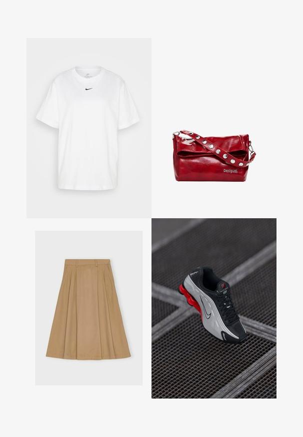 Biała bawełniana koszulka z okrągłym dekoltem, krótkimi rękawami i czarnym logo Nike nadrukowanym na środku klatki piersiowej. Prosty i klasyczny design.; Spódnica do kolan z plisami w jasnobrązowej bawełnie, z dopasowaną talią z pętelkami na pasek i prostym wykończeniem.; Czarno-szare buty sportowe z czerwoną amortyzowaną podeszwą, czarnymi sznurówkami i logo w kształcie smoka, leżące na metalowej siatce.; Czerwona torebka na ramię z syntetycznej skóry, z klapą składana, srebrnymi zapięciami na pasku oraz nadrukowanym logo "Desigual".