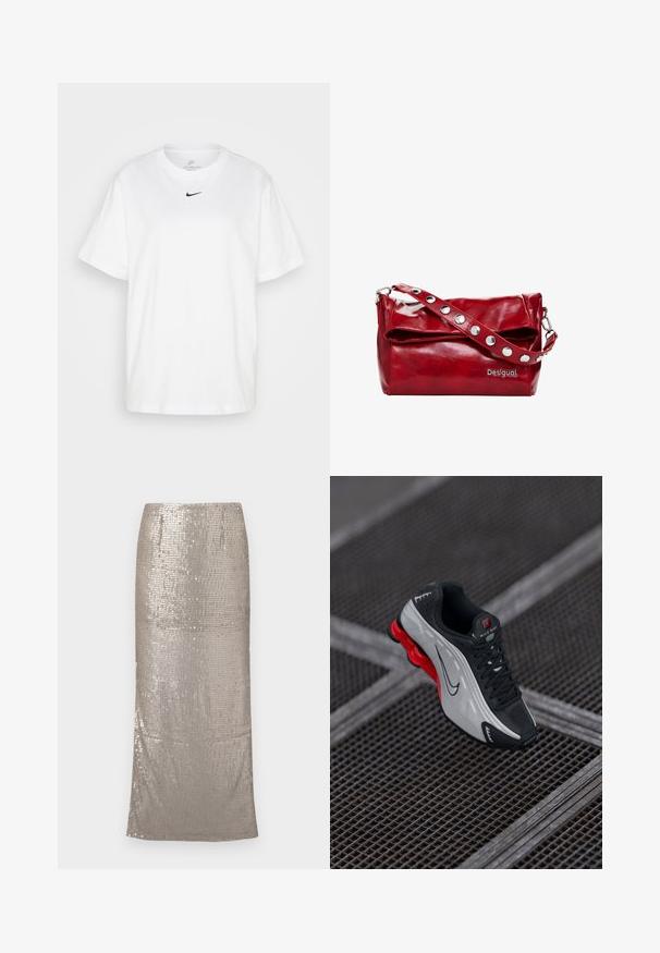 Tricou alb din bumbac cu guler rotund, mâneci scurte și un logo Nike negru imprimat central pe piept. Design simplu și clasic.; Fustă midi strălucitoare, argintie, acoperită cu paiete, având o siluetă dreaptă și o margine care cade sub genunchi. Textură netedă.; Pantofii sport negri și gri cu talpă căptușită roșie, șireturi negre și logo Swoosh, așezați pe o suprafață de grilaj metalic.; Geantă de umăr din piele sintetică roșie, cu clapetă pliată, accente metalice argintii pe curea și logo-ul imprimat "Desigual".