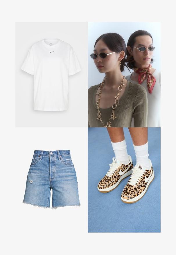 Weißes Baumwoll-T-Shirt mit rundem Halsausschnitt, kurzen Ärmeln und einem zentral auf der Brust aufgedruckten schwarzen Nike-Logo. Einfaches und klassisches Design.; Levi's® 501® MID THIGH - Jeans Shorts - denim; Nike Air Force 1 Sneakers im Leopardenmuster mit weißen Schnürsenkeln und Swoosh, ausgestattet mit einer beige Gummisohle und einer strukturierten Oberseite. Weiße Crew-Socken sichtbar.; Runde Sonnenbrillen mit dunklen Gläsern und dünnen silbernen Rahmen. Eine Person trägt eine goldene Kette, während eine andere einen rot gemusterten Schal hat.; Burgunderfarbene Schultertasche aus glänzendem Material, mit geschwungener Form und geraffter Struktur. Sie verfügt über einen kurzen Griff und einen sichtbaren Reißverschluss.