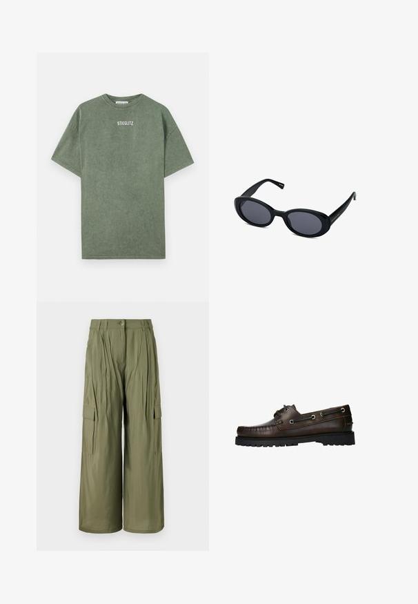 Green cotton t-shirt with a crew neckline, short sleeves, and a printed "STIEGLITZ" logo on the chest. Soft texture and casual fit.; Olive green wide-leg cargo pants with front pleats, side pockets, and button closure. Smooth texture, lightweight fabric.; Brown leather boat shoe with moccasin-style stitching, metal eyelets, and a textured black rubber sole.; Black oval sunglasses with dark lenses, thick plastic frame, slightly curved design, and gold logo detail on the temple.; Black leather tote bag with two handles, a thin decorative belt, and a small hanging lock charm on a white background.