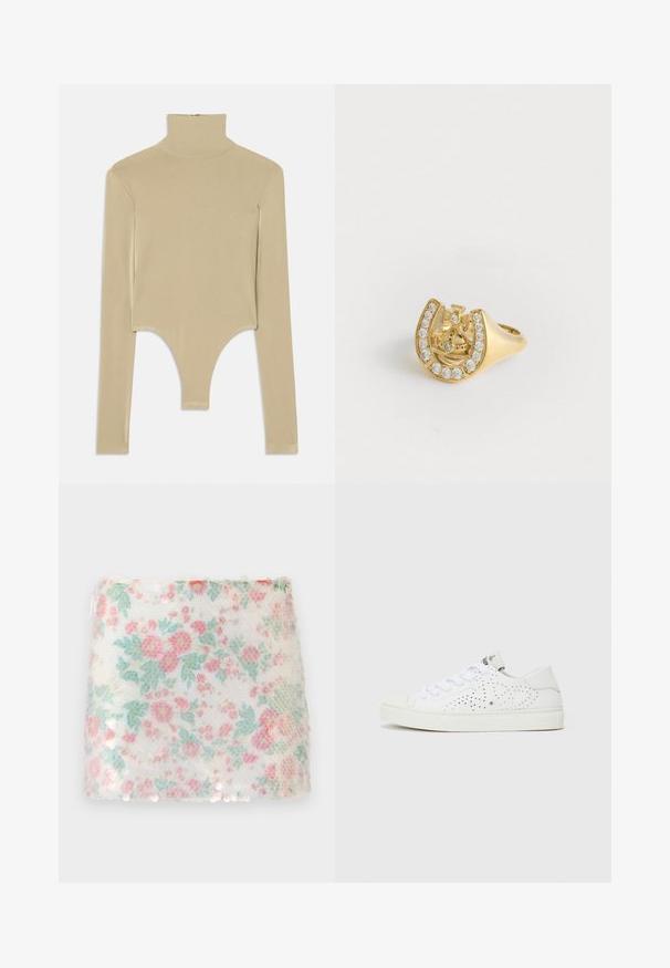 Maglione beige a maniche lunghe con collo a lupetto, realizzato in tessuto morbido, con uno scollo sul fondo, dalla silhouette adatta e design minimalista.; Tessuto bianco con motivo floreale, caratterizzato da fiori rosa pastello e verdi, con una superficie texturizzata e sottili paillettes lungo il bordo inferiore.; Sneakers bianche basse con design perforato, lacci piatti e suola in gomma testurizzata. Presentano uno stile minimalista e una finitura morbida.; Anello d'oro con un design a corona all'interno di un ferro di cavallo, decorato con piccoli gemmi trasparenti, su uno sfondo bianco.