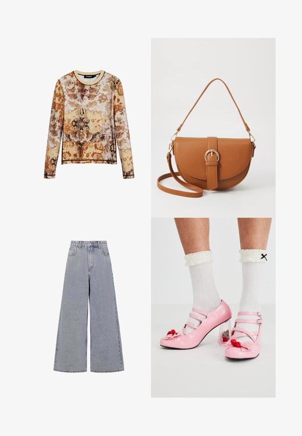 Pitkähihaisessa paidassa on kukkakuosi beigen, ruskean ja oranssin sävyissä. Se on valmistettu pehmeästä kankaasta, jossa on pyöreä kaula-aukko ja erivärinen helma.; Vaaleansiniset leveät farkut, jotka on valmistettu denimestä, korkea vyötärö, neljä taskua ja klassinen nappikiinnitys, jossa on hieno haalistus.; Vaaleanpunaiset patenttisen nahkan korot, joissa on pyöreä kärki, kolme nauhaa ja kirsikkakoristeita. Kirkkaassa lohkokorkeassa on kukkakoristeita. Valkoiset ribattu sukat.; Ruskean nahkainen olkalaukku, jossa on kaareva muoto, kultaiset yksityiskohdat ja solkiyksityiskohta. Varustettu irrotettavalla olkahihnalla.