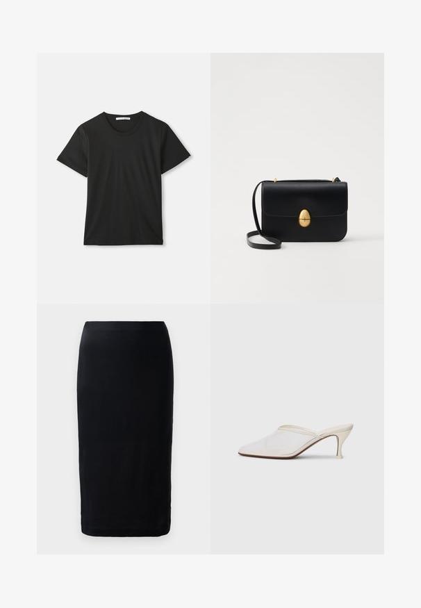 Fekete, rövid ujjú, kerek nyakú pamut póló, laposan elhelyezve fehér háttéren, látható márkajelzéssel a gallér belső részén.; Fekete ceruzaszoknya sima anyagból, karcsú fazonnal, térd hosszúságú kialakítással, egyszerű szegéllyel, látható minták vagy díszítések nélkül.; Fehér hálós, hegyes orrú mules cipő, vékony, középmagas sarkával és slip-on kialakításával, egyszerű háttér előtt.; Fekete bőr kézitáska, struktúrált, téglalap alakú formával. Arany ovális kapoccsal és vékony vállpánttal rendelkezik. Sima textúrájú.