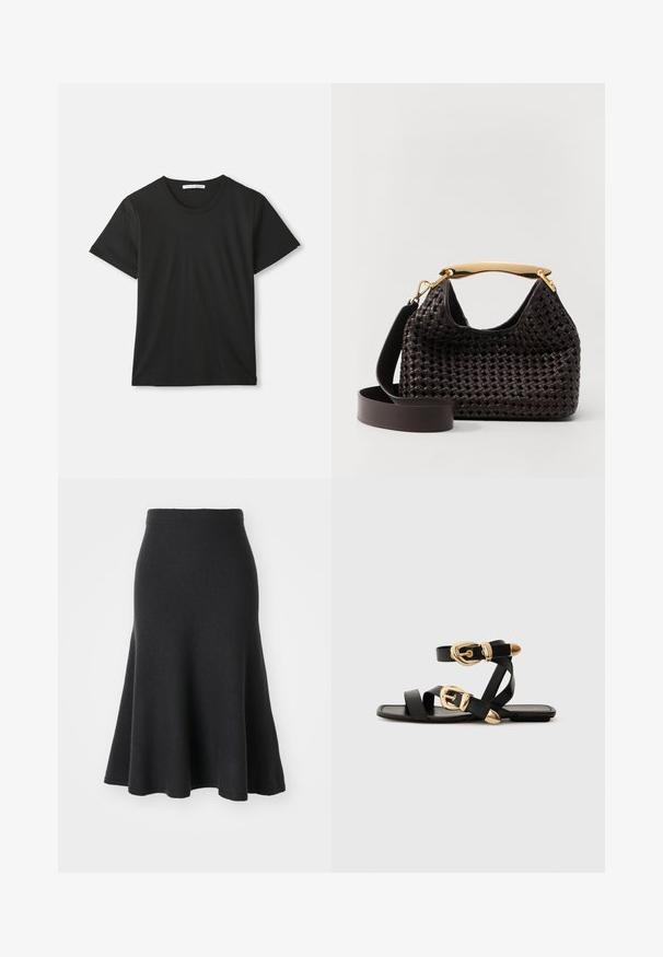 T-shirt en coton noir à manches courtes et col ras du cou, posé à plat sur un fond blanc avec une étiquette de marque visible à l'intérieur du col.; Jupe noire évasée en tissu doux, dotée d'une taille haute, d'une texture lisse et d'une silhouette en A qui s'étend jusqu'à mi-mollet.; Sandales en cuir noir avec des accents de boucles dorées, présentant plusieurs brides et un design de semelle plate pour un port ouvert.; Elleme BOOMERANG WOVEN - Sac à main - brown