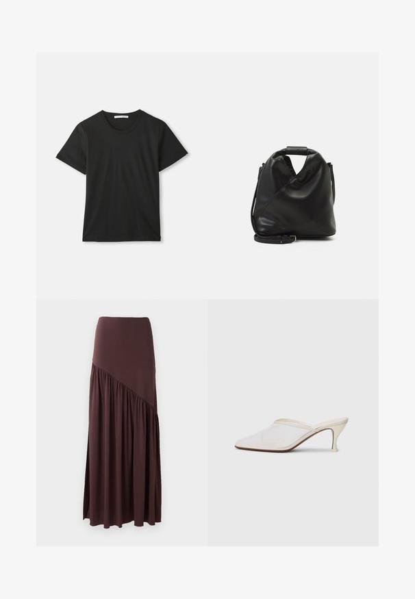 T-shirt en coton noir à manches courtes et col ras du cou, posé à plat sur un fond blanc avec une étiquette de marque visible à l'intérieur du col.; Jupe maxi marron en tissu doux. Elle possède une taille ajustée et un design asymétrique avec des détails froncés sur un côté.; Mule blanches en mesh avec un bout pointu, un talon moyen élancé et un design à enfiler, sur un fond uni.; Sac en cuir noir et doux avec un design torsadé unique. Doté d'une courte poignée et d'une bandoulière amovible. Style minimaliste.