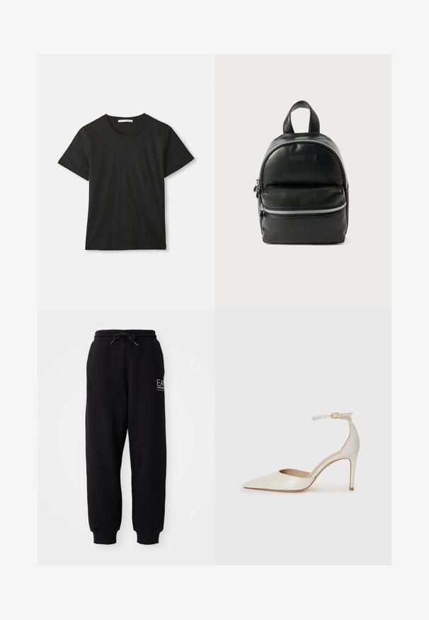 Black short-sleeve T-shirt with a crew neckline and soft cotton fabric. Simple design with no patterns or logos, offering a classic fit.; Black sweatpants with a drawstring waist, elastic cuffs, and a small gold logo on the left side. Soft fabric with a smooth texture.; White leather high-heeled shoe with a pointed toe, ankle strap, and a slim stiletto heel. Smooth texture with subtle glossy finish.; Black leather backpack with a rounded shape, zippered front pocket, and dual top handles. Features silver-tone hardware and a smooth texture.