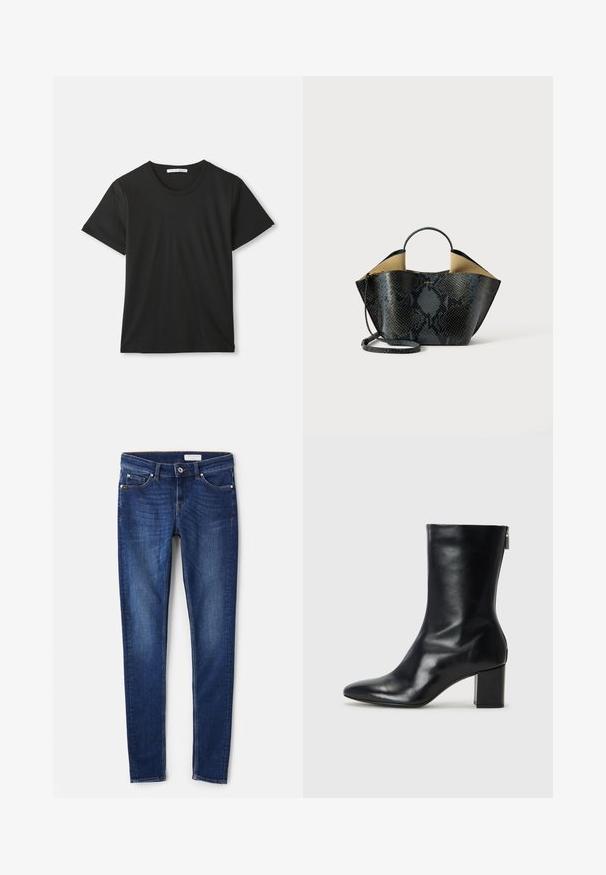 Crna majica s kratkim rukavima, okruglim izrezom i mekanim pamukom. Jednostavan dizajn bez uzoraka ili logotipa, klasičnog kroja.; Tamno plavi traperice s uskim krojem, pet džepova i suptilnim detaljima šivanja. Glatka tekstura s klasičnim, ravnim dizajnom nogavica.; Crne kožne gležnjače s oštrim vrhom i blok petom visokom 4 cm. Elegantni dizajn s bočnim patentnim zatvaračem za jednostavno obuvanje. Glatka tekstura.; Crna i siva torba od zmijske kože s strukturalnim dizajnom, dvostrukim ručkama i podesivim remenom za rame. Ima bež unutrašnjost.