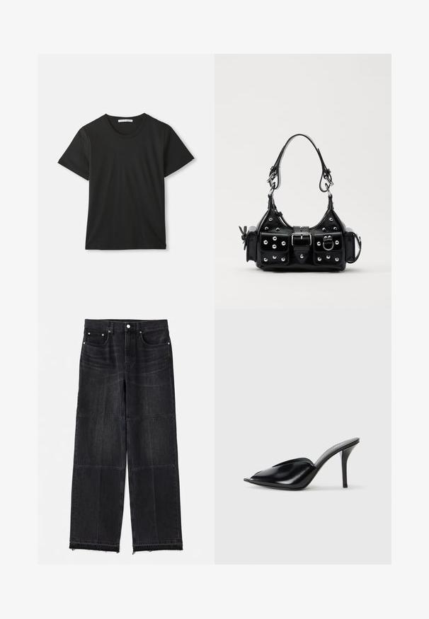 Sort T-shirt med korte ærmer og rund hals i bomuld, liggende fladt på hvid baggrund med synlig mærkeetiket i kraven.; Sorte denim wide-leg jeans med paneldesign, fem lomme-styling og rå kanter, med en let slidt struktur.; Sorte læder højhælede mules med åbent tådesign, spidse former, glat tekstur og en slank stiletto hæl.; Sort læderhåndtaske med et buet design, prydet med sølvfarvede nitter, en spænde og to sidelommer. Justerbar rem til forskellige bære muligheder.