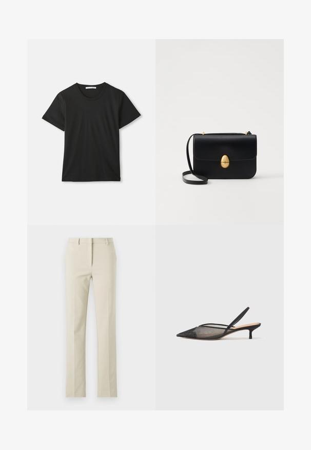 Camiseta negra de manga corta con cuello redondo y tela de algodón suave. Diseño simple sin patrones ni logos, que ofrece un ajuste clásico.; Pantalones beiges a medida con frente plano, piernas rectas, pasacintos y una textura suave. Diseño minimalista sin patrones visibles.; NEOUS IRENA - Tacones - black; Bolso de mano de cuero negro con forma rectangular estructurada. Presenta un cierre ovalado dorado y una delgada correa para el hombro. Textura suave.