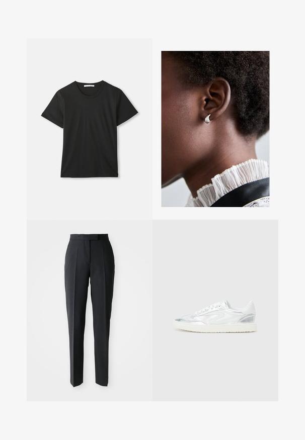 T-shirt en coton noir à manches courtes et col ras du cou, posé à plat sur un fond blanc avec une étiquette de marque visible à l'intérieur du col.; Pantalons noirs ajustés à jambes droites avec taille haute et plis avant, présentés sur un fond clair.; Baskets blanches avec des accents argentés métalliques, texture lisse, bout rond, semelle plate et design classique à lacets.; Maria Black SAGENE TRAIL HUGGIE - Boucles d'oreilles - silver-coloured