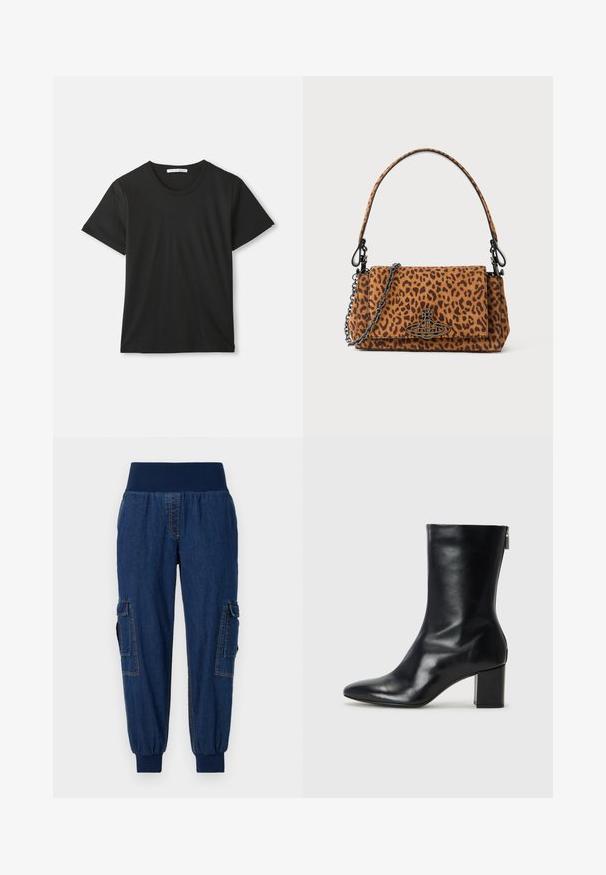 Čierne tričko s krátkym rukávom, okrúhlym výstrihom a mäkkou bavlnenou látkou. Jednoduchý dizajn bez vzorov a log, ponúka klasický strih.; Denim jogger nohavice so širokým elastickým pásom, dvoma bočnými cargo vreckami a rebrovanými členkami; tmavo modrá farba s kontrastným prešívaním.; Čierne kožené členkové topánky s špicatou špičkou a blokovým podpätkom vysokým 4 cm. Elegantný dizajn obsahuje bočný zips pre jednoduché obúvanie. Hladká textúra.; Listová taška s leopardím vzorom vyrobená z semišu, má krátku rukoť, reťazový popruh a čierny kovový uzáver. Má obdĺžnikový tvar a uzatváranie na klapku.