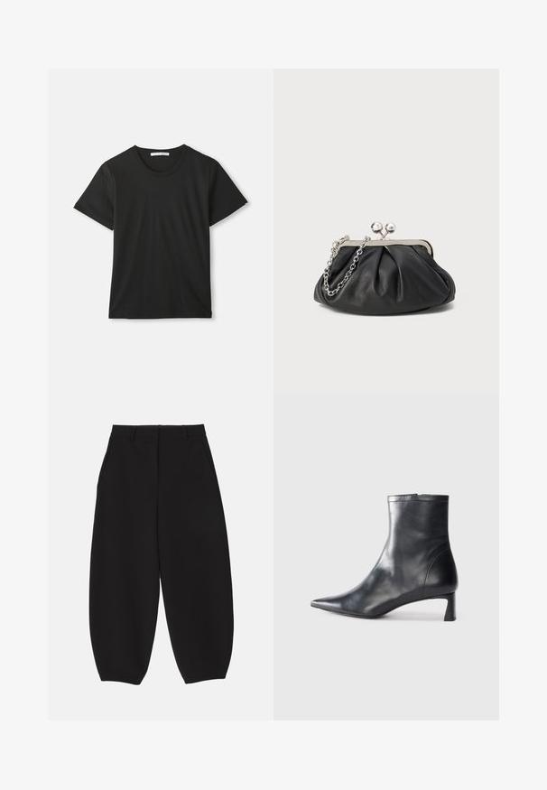T-shirt en coton noir à manches courtes et col ras du cou, posé à plat sur un fond blanc avec une étiquette de marque visible à l'intérieur du col.; Pantalons larges noirs en tissu lisse avec une coupe ajustée, dotés de poches avant et d'une taille plate avec passants de ceinture.; Bottine en cuir noir avec un bout pointu et un design épuré. Présente un petit talon et une fermeture éclair à l'arrière. Texture lisse.; Porte-monnaie en cuir noir avec texture froncée, cadre en métal argenté, fermeture à verrouillage kiss-lock et bandoulière en chaîne. Surface lisse et douce.