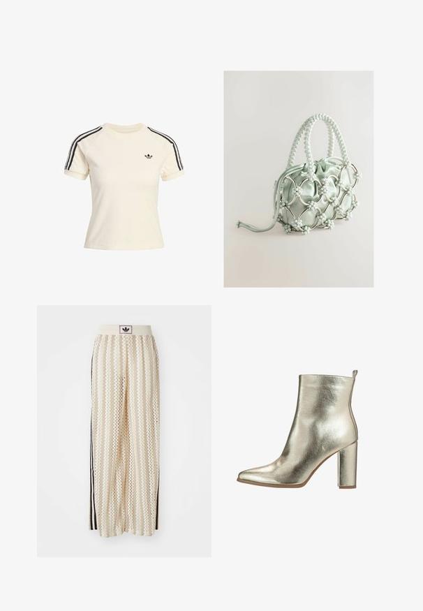 Krämfärgad sweatshirt med korta ärmar, svart randig detaljer på axlarna och en liten svart logotyp på bröstet. Mjuk frottétextur.; Krämfärgade vida byxor med ett zick-zack-mönster, med en svart logoband och svarta sidostråk. Lätt och strukturerad tyg.; Metallisk guldankelboot med spetsig tå, slät textur och en kraftig hög klack. Har en dragflik på baksidan för enkel påtagning.; Next Handväska - blue