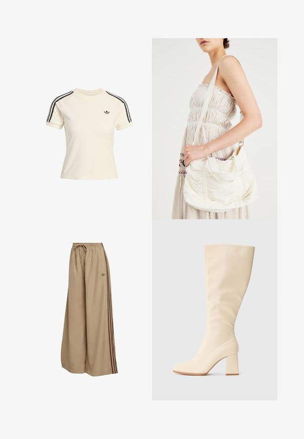 Kermakotoinen t-paita, jossa on lyhyet hihat ja mustat raidat olkapäillä sekä pieni musta logo rinnassa. Pehmeä froteekangas.; Beiget leveälahkeiset housut, joissa on joustava vyötärönauha ja kiristysnauha. Housuissa on ruskeat sivuraidat ja vasemmalla puolella hillitty logokoriste.; Kreemivärvi kuni põlveni ulatuv saabas, millel on ploki konts ja sile viimistlus, kujutatud külgprofilis lihtsal taustal.; Valkoinen kangaskassi, jossa on kerrostettu pinta, säädettävä olkahihna ja hopeiset yksityiskohdat. Esillä kermaisen värisen mekon vieressä.