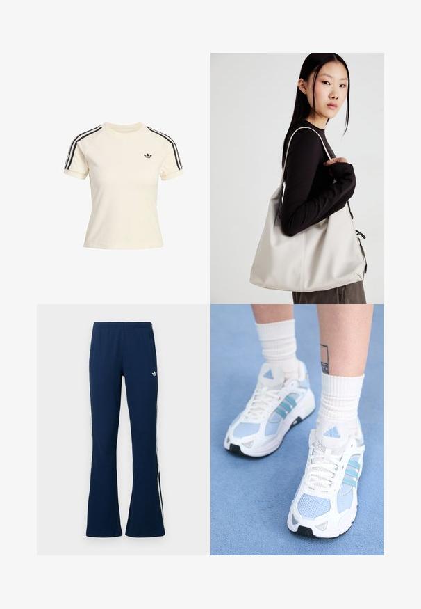 Krämfärgad sweatshirt med korta ärmar, svart randig detaljer på axlarna och en liten svart logotyp på bröstet. Mjuk frottétextur.; Mörkblå ribbade utsvängda träningsbyxor med vita sidrandiga detaljer och en broderad logotyp på vänster sida, med två sidofickor.; Vitaid sportskor i vitt med ljusblå detaljer och nätpaneler, med tre blå ränder, tjocka vita snörningar och svart gummisula.; Beige handväska tillverkad av mjukt material, med en avslappnad design, sydda detaljer och två axelremmar. Lämplig för dagligt bruk.