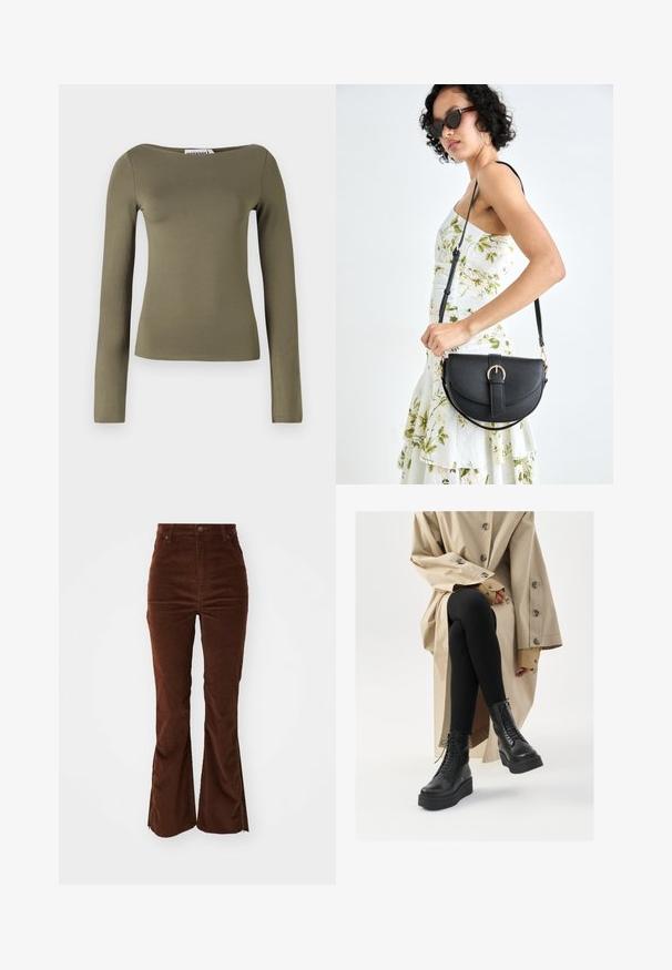 Olíva zöld, hosszú ujjú, testhez simuló felső, sima, rugalmas anyagból készült, széles nyakkivágással és minimális varrásokkal.; Magas derekú barna kordbársony nadrág, elülső zsebekkel és kiszélesedő lábakkal, amelyek külső varrásain zippzárokkal rendelkeznek.; Fekete bőr bokacsizmák fűzős részletekkel, megemelt platform talppal, és textúrált fekete leggingsszel, világos bézs trench kabát mellett viselve.; Fekete bőrtáska ívelt formával, levehető pánttal és arany színű fémrészekkel. A táskán egy csattal díszített fedél található.