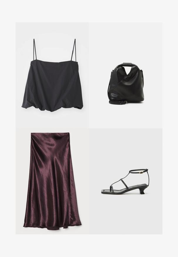Melnas bez piedurknēm blūze ar plānām siksniņām, brīva piegriezuma un savilkta apakšmala. Izgatavota no viegla auduma ar gludu tekstūru.; Satin midi svārki dziļi burgundijas krāsā, ar gludu tekstūru un plūstošu A-veida siluetu ar vieglu spīdumu. Apakšmala ir maigi izliekta.; Melna ādas sandale ar kvadrātveida purngalu, plānām siksnām, regulējamu potītes siksnu un zemu papēdi. Iezīme ir neliela zelta akcenta detaļa uz siksnas.; Melnas, mīkstas ādas soma ar unikālu savērptu dizainu. Iespējo īsu rokturi un noņemamu plecu siksnu. Minimalistisks stils.