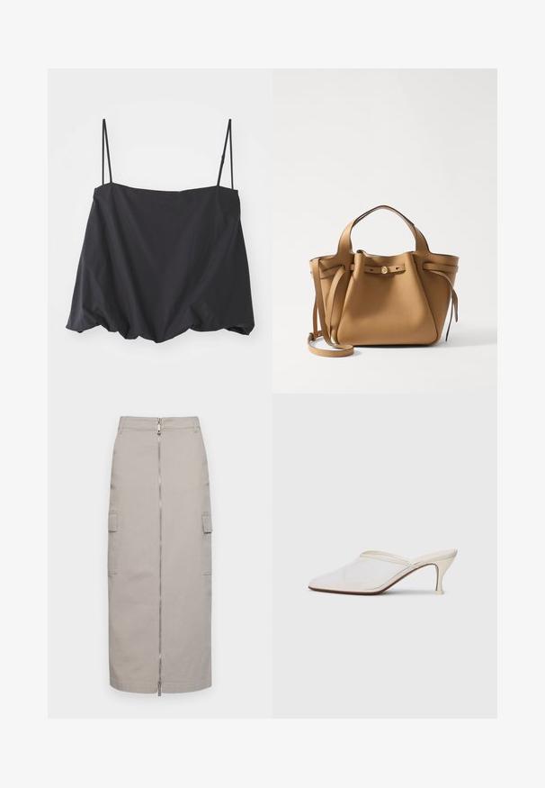 Mustavärviline ilma varrukateta topp, millel on õhukesed rihmad, laialdane lõige ja kokku kogutud ääre. Valmistatud kergest kangast, millel on sile tekstuur.; Põlve pikkusega hall seelik, mis on valmistatud puuvillast, ees lukuga ja kahe küljetaskuga, sirge lõike ja puhastest joonedega.; Valge võrkmaterjalist teravatoa mulli king, millel on peen keskmise kõrgusega konts ja libisev disain, tühjal taustal.; Tory Burch ROMY PEBBLED SATCHEL - Käekott - tiramisu