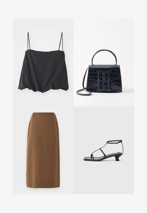 Top negru fără mâneci, cu bretele subțiri, croială lejeră și tiv strâns. Fabricat dintr-un material ușor, cu o textură netedă.; Fustă maro, până la genunchi, realizată dintr-un material moale cu o textură fină și un croi dreaptă; prezintă un detaliu subtil de cusătură pe laterale.; Sandelă din piele neagră cu vârf pătrat, curele subțiri, curea ajustabilă la gleznă și toc mic. Prezintă un mic accent auriu pe curea.; Geantă din piele cu model de crocodil negru, cu un design structurat, mână superioară, curea ajustabilă și un detaliu proeminent cu logo pe față.