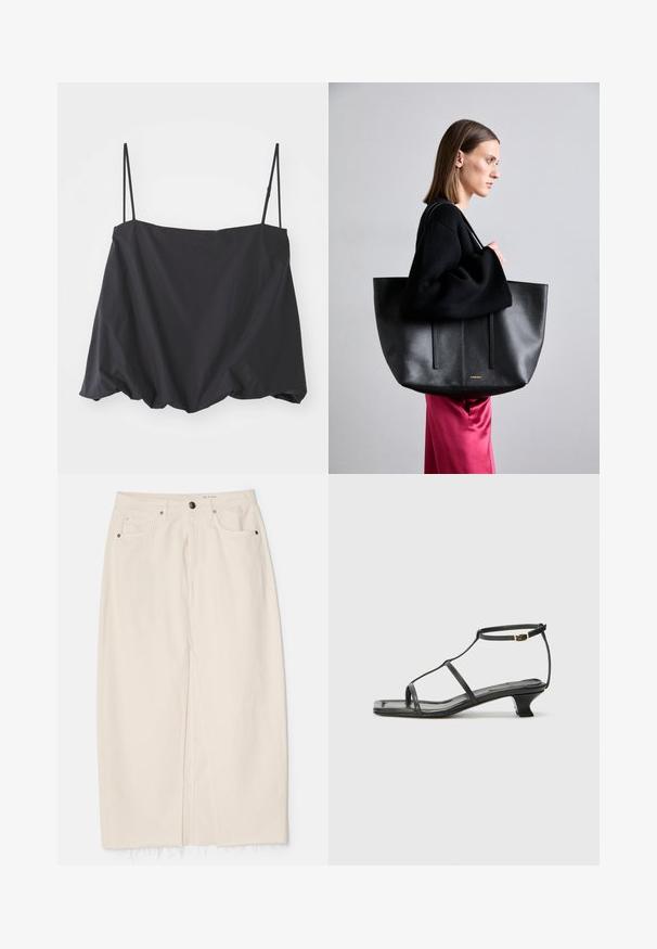 Top nero senza maniche con spalline sottili, vestibilità ampia e orlo arricciato. Realizzato in tessuto leggero con una texture liscia.; rag & bone AVERY SKIRT - Gonna di jeans - ecru; Sandalo in pelle nera con punta quadrata, cinturini sottili, cinturino alla caviglia regolabile e tacco basso. Presenta un piccolo accento dorato sul cinturino.; Borsa tote in pelle nera con finitura texture, dotata di due linee verticali, doppie spalline e un design minimalista.