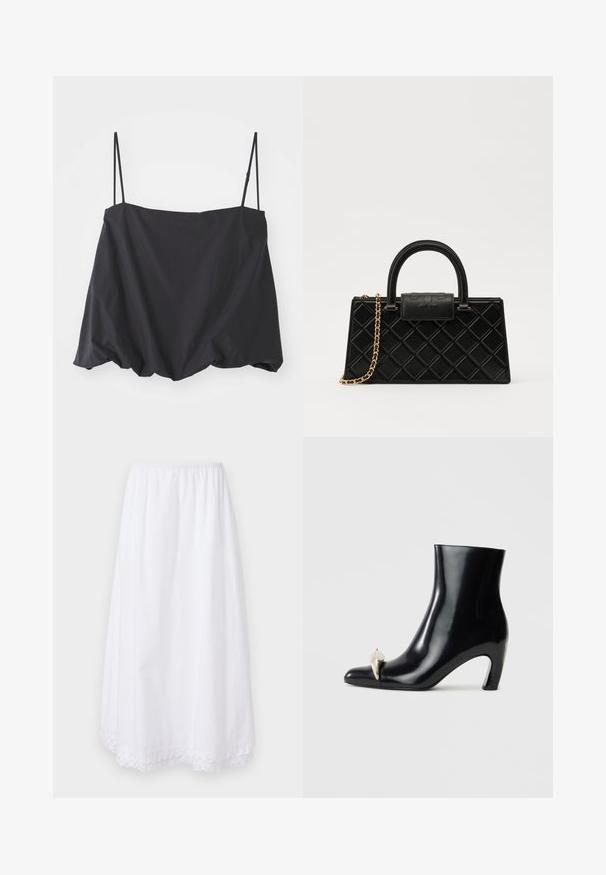 Débardeur noir sans manches avec des fines bretelles, coupe ample et ourlet froncé. Fabriqué en tissu léger avec une texture lisse.; Jupe en coton blanc avec une taille élastique et une bordure en dentelle à l'ourlet, présentant un design fluide jusqu'aux genoux.; Bottine noire en cuir brillant, avec un bout pointu et un accent décoratif en or et argent à l'avant. Design à talon carré.; Sac à main noir en cuir texturé, avec un motif en diamant, une sangle en chaîne dorée, et une poignée supérieure avec un rabat à fermeture logotypée.