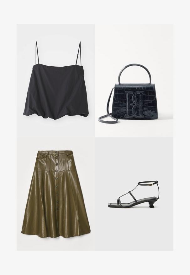 Fekete ujjatlan felső vékony pántokkal, laza szabással és gyűrt alsó résszel. Könnyű anyagból készült, sima textúrával.; Cinq à Sept VEENA SKIRT - A-vonalú szoknya - dark olive; Fekete bőr szandál, négyzet alakú orral, vékony pántokkal, állítható bokapánttal és alacsony sarokkal. A pánton egy kis arany dísz található.; Fekete krokodilbőr hatású kézitáska, amelynek strukturált kialakítása van, felső fogantyúval, állítható pánttal és egy kiemelkedő elülső logó részlettel.