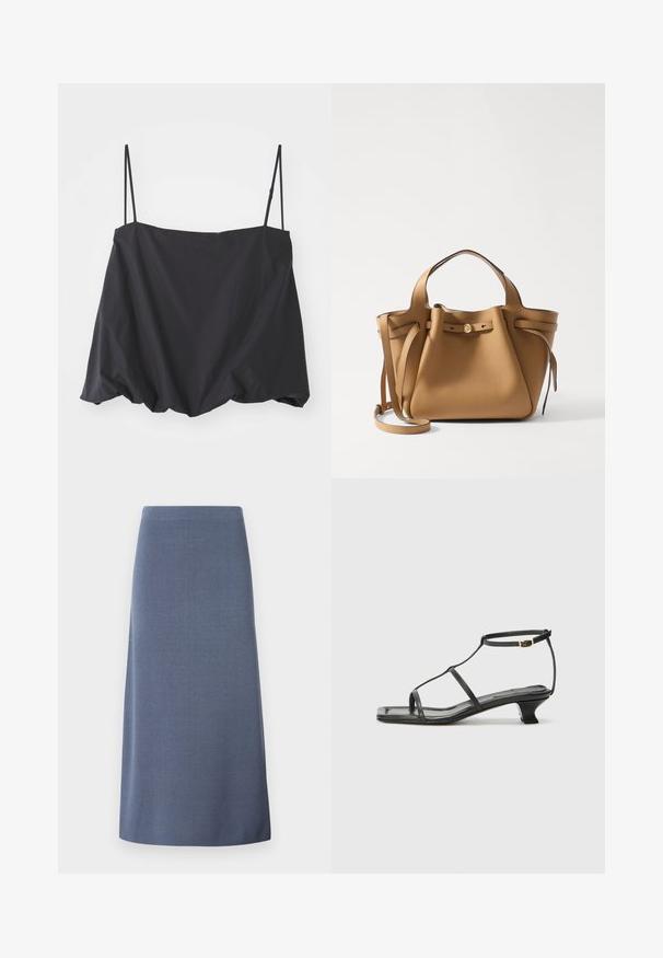 Čierny bezrukávový top s tenkými ramienkami, voľný strih a nariasený lem. Vyrobený z ľahkého materiálu s hladkou textúrou.; Modrá áčková sukňa z textúrovanej látky, po kolená, s hladkým pásom a bez viditeľných zapínaní alebo ozdobných prvkov.; Čierna kožená sandála so štvorcovou špičkou, tenkými popruhmi, nastaviteľným pásikom okolo členka a nízkym podpätkom. Obsahuje malý zlatý akcent na popruhu.; Tory Burch ROMY PEBBLED SATCHEL - Kabelka - tiramisu