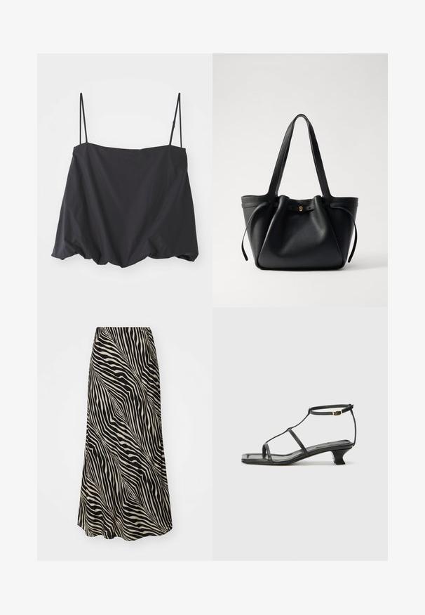 Schwarzes ärmelloses Oberteil mit dünnen Trägern, lockerer Passform und gerafftem Saum. Hergestellt aus leichtem Stoff mit glatter Textur.; Midikleid aus glattem Stoff mit einem schwarz-beigen wellenförmigen Streifenmuster, das sanft von der Taille bis zum Saum ausgestellt ist.; Schwarze Ledersandale mit quadratischer Zehenpartie, dünnen Riemen, verstellbarem Knöchelriemen und einem niedrigen Absatz. Mit einem kleinen goldenen Akzent am Riemen.; Schwarze Leder-Tote mit zwei langen Tragegriffen, einem gerafften oberen Teil und einem goldenen runden Akzent. Glatte Textur mit minimalistischem Design.
