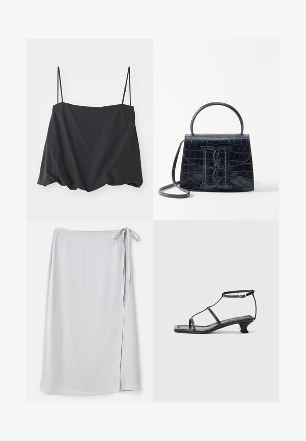 Mustavärviline ilma varrukateta topp, millel on õhukesed rihmad, laialdane lõige ja kokku kogutud ääre. Valmistatud kergest kangast, millel on sile tekstuur.; Heledane hall sinine ümberkleit sujuva tekstuuriga, külgtoelise kinnitusega ja vasakul küljel peene lõhikuga. Tavaline disain ilma mustrite või aktsentideta.; Must värviline nahk sandaal ruudukujulise varbaga, õhukeste rihmadega, kohandatava pahkluu rihmaga ja madala kandaga. Rihmal on väike kuldne aktsent.; Must musta krokodillimustriga nahast käekott, millel on struktureeritud disain, ülemine käepide, reguleeritav rihm ja silmapaistev esiküljel logo detail.