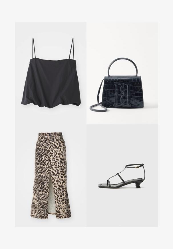 Juodas be rankovių viršus su plonomis petnešėlėmis, laisvas siluetas ir surinkta apatinė dalis. Pagamintas iš lengvos medžiagos su lygiu paviršiumi.; Leopardų rašto midi sijonas, pagamintas iš minkštos medžiagos, su priekinėmis skeltimis, mygtukų uždarymu ir prigludusia juosmena, neutraliomis spalvomis su juodais akcentais.; Juodas odinis sandalai su kvadratiniu pirštu, plonomis dirželiais, reguliuojamu kulkšnies dirželiu ir žemu kulnu. Yra nedidelis aukso akcentas ant dirželio.; Juodas krokodilo rašto odinis rankinės krepšys su struktūruotu dizainu, viršutine rankena, reguliuojamu dirželiu ir išsiskiriančiu priekinio logo detale.