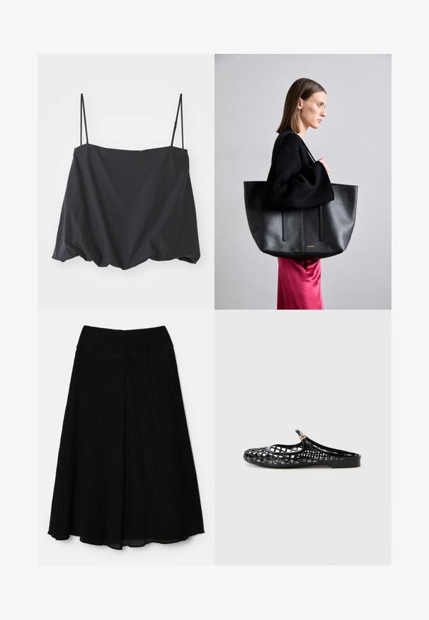 Black sleeveless top with thin straps, loose fit, and gathered hem. Made of lightweight fabric with a smooth texture.; Black midi skirt with a pleated design. Soft, lightweight fabric; wide waistband. Hemline falls below the knee with a flowy silhouette.; Tory Burch MELLOW MARY JANE - Mules - perfect black/gold; Black leather tote bag with a textured finish, featuring two vertical lines, dual shoulder straps, and a minimalist design.