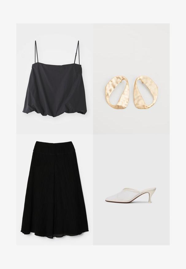 Top negro sin mangas con tirantes finos, de corte holgado y con dobladillo fruncido. Está hecho de una tela ligera con textura suave.; Falda midi negra con un diseño plisado. Tejido suave y ligero; cintura ancha. El dobladillo cae por debajo de la rodilla con una silueta fluida.; Mule blanco de malla con punta afilada, tacón medio y diseño de fácil colocación contra un fondo liso.; Un par de pendientes de metal dorado en forma de óvalo irregular con una superficie texturizada y ligeramente martillada sobre un fondo blanco.