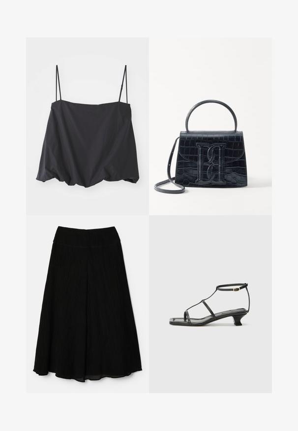 Top negro sin mangas con tirantes finos, de corte holgado y con dobladillo fruncido. Está hecho de una tela ligera con textura suave.; Falda midi negra con un diseño plisado. Tejido suave y ligero; cintura ancha. El dobladillo cae por debajo de la rodilla con una silueta fluida.; Sandal de cuero negro con punta cuadrada, correas delgadas, correa ajustable en el tobillo y un tacón bajo. Presenta un pequeño detalle dorado en la correa.; Bolso de mano de cuero negro con estampado de cocodrilo, diseño estructurado, asa superior, correa ajustable y un destacado detalle del logotipo en la parte frontal.