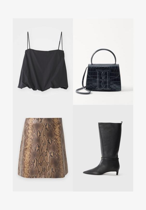 Top negru fără mâneci, cu bretele subțiri, croială lejeră și tiv strâns. Fabricat dintr-un material ușor, cu o textură netedă.; Fustă mini cu imprimeu de șarpe în nuanțe de maro, realizată din piele sintetică, având o textură netedă, o siluetă ajustată și detalii fine ale cusăturilor.; Botă din piele neagră, până la genunchi, cu vârf ascuțit, accentuată de o curea circulară în jurul gleznei și un toc jos, îngustat. Textură netedă.; Geantă din piele cu model de crocodil negru, cu un design structurat, mână superioară, curea ajustabilă și un detaliu proeminent cu logo pe față.