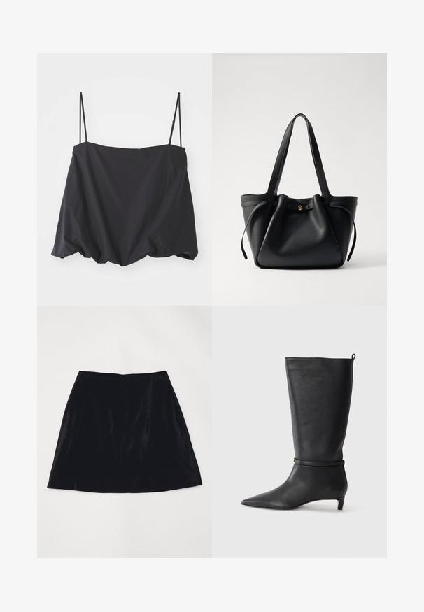 Crni majica bez rukava s tankim naramenicama, slobodna kroja i skupljenim rubom. Izrađena je od lagane tkanine s glatkom teksturom.; Crna A-linijska suknja od baršuna, s glatkom teksturom i diskretnim stražnjim patentnim zatvaračem. Jednostavan dizajn bez vidljivih uzoraka ili akcenata.; Crne kožne čizme visine do koljena s izduženim prstima, ukrašene okruglom trakom oko gležnja i niskom, suženom petom. Glatka tekstura.; Crna kožna torba za nošenje s dva dugačka remena, skupljenim vrhom i zlatnim okruglim detaljem. Glatka tekstura s minimalističkim dizajnom.