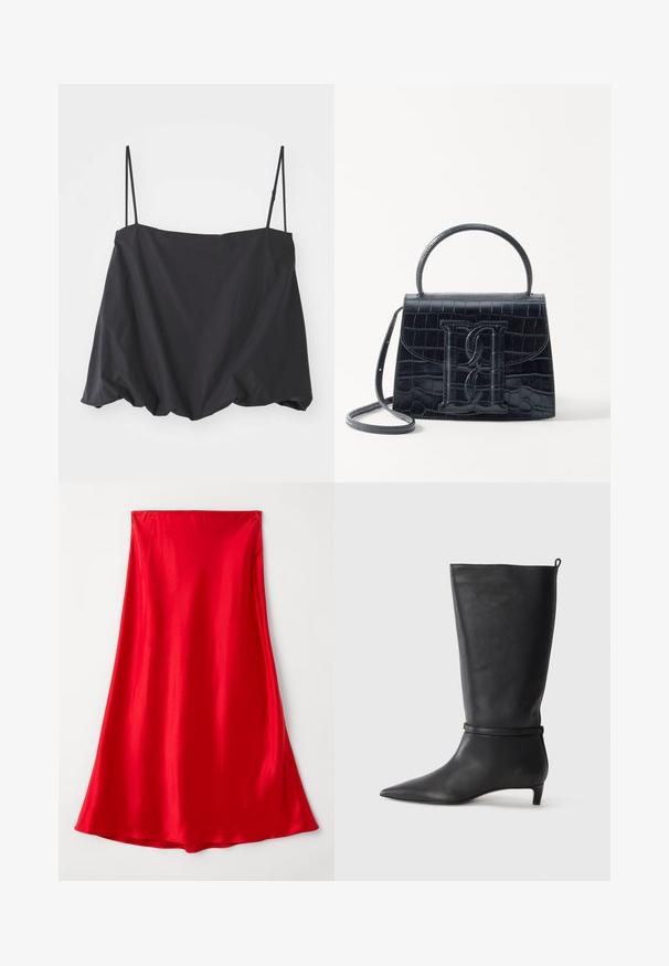 Top nero senza maniche con spalline sottili, vestibilità ampia e orlo arricciato. Realizzato in tessuto leggero con una texture liscia.; Gonna rossa in satin con una texture liscia, di lunghezza completa, e un design fluente che si restringe all'orlo. Colore semplice e uniforme senza embellishments.; Stivale in pelle nera alta fino al ginocchio con punta affusolata, adornato da una fascia circolare attorno alla caviglia e un tacco basso e conico. Texture liscia.; Borsa in pelle nera con incisione a forma di coccodrillo, dal design strutturato, dotata di manico superiore, tracolla regolabile e un evidente dettaglio logo frontale.