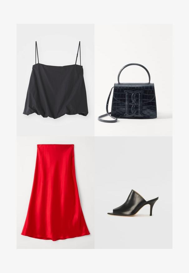 Schwarzes ärmelloses Oberteil mit dünnen Trägern, lockerer Passform und gerafftem Saum. Hergestellt aus leichtem Stoff mit glatter Textur.; Roter Satinrock mit glatter Textur, voller Länge und fließendem Design, das am Saum ausläuft. Einfach, in einfarbiger Ausführung ohne Verzierungen.; Schwarze Leder- offene Zehen-Mules mit einem eleganten, geschwungenen Design, hohem Stiletto-Absatz und glatter Textur. Das Innere weist eine kontrastierende hellere Farbe auf.; Schwarze Handtasche aus Krokodilprägung mit strukturiertem Design, Oberhandgriff, verstellbarem Tragegurt und einem auffälligen Logo-Detail auf der Vorderseite.