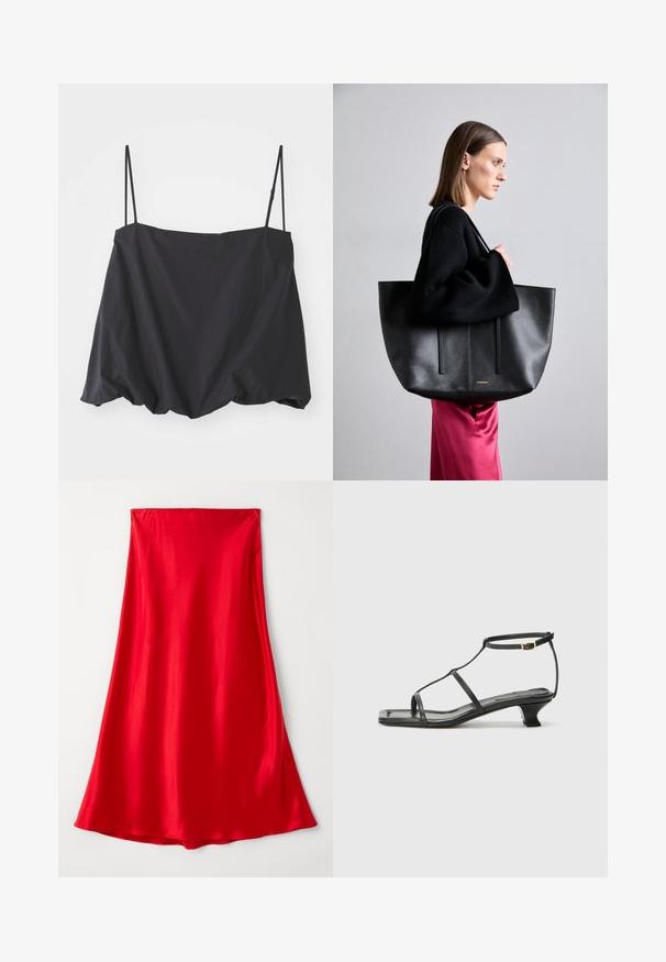 Black sleeveless top with thin straps, loose fit, and gathered hem. Made of lightweight fabric with a smooth texture.; Red satin skirt with a smooth texture, full length, and a flowing design tapering at the hem. Simple, solid color without embellishments.; Black leather sandal with a square toe, thin straps, adjustable ankle strap, and a low heel. Features a small gold accent on the strap.; Black leather tote bag with a textured finish, featuring two vertical lines, dual shoulder straps, and a minimalist design.