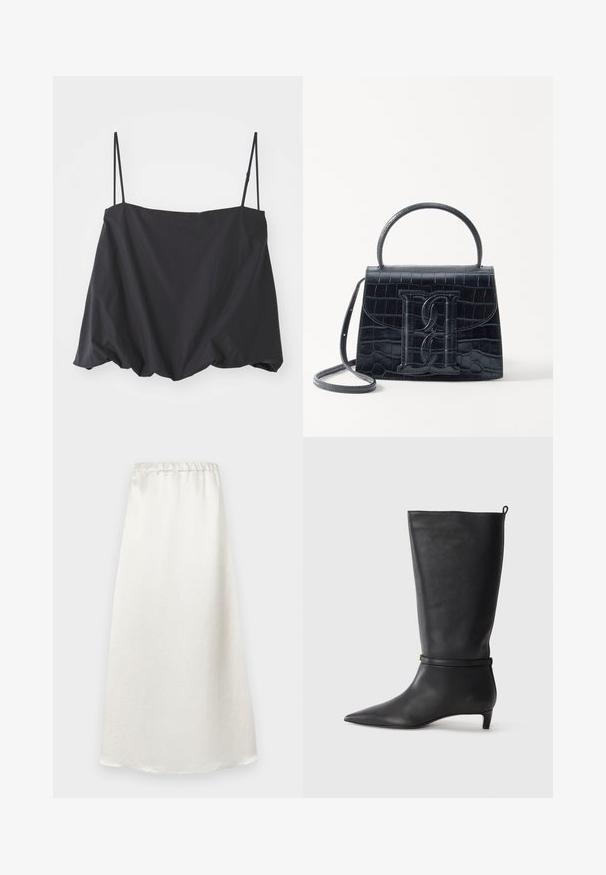 Čierny bezrukávový top s tenkými ramienkami, voľný strih a nariasený lem. Vyrobený z ľahkého materiálu s hladkou textúrou.; Biela sukňa po členky vyrobená z hladkej, ľahkej tkaniny s nariadeným pásom a jemným textúrovaným povrchom.; Čierne kožené vysoké čižmy po kolená s špicatou špičkou, s okrúhlym remienkom okolo členku a nízkym, zúženým podpätkom. Hladký povrch.; Čierna kabelka z krokodílovej embosovanej kože so štruktúrovaným dizajnom, horným uchom, nastaviteľným popruhom a výrazným predným logom.