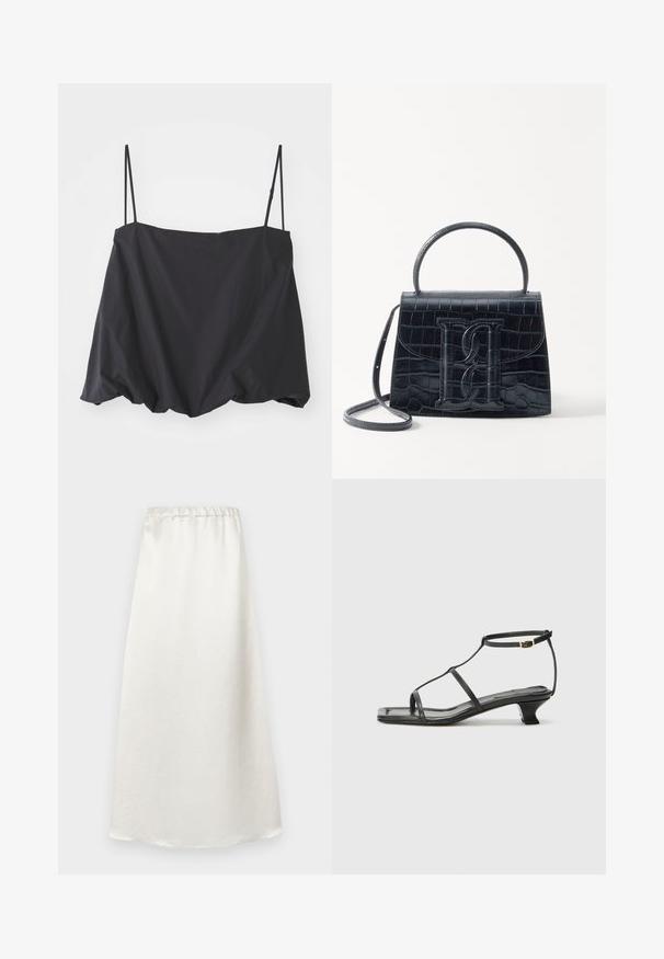 Čierny bezrukávový top s tenkými ramienkami, voľný strih a nariasený lem. Vyrobený z ľahkého materiálu s hladkou textúrou.; Biela sukňa po členky vyrobená z hladkej, ľahkej tkaniny s nariadeným pásom a jemným textúrovaným povrchom.; Čierna kožená sandála so štvorcovou špičkou, tenkými popruhmi, nastaviteľným pásikom okolo členka a nízkym podpätkom. Obsahuje malý zlatý akcent na popruhu.; Čierna kabelka z krokodílovej embosovanej kože so štruktúrovaným dizajnom, horným uchom, nastaviteľným popruhom a výrazným predným logom.