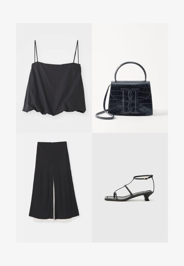 Top negru fără mâneci, cu bretele subțiri, croială lejeră și tiv strâns. Fabricat dintr-un material ușor, cu o textură netedă.; Pantaloni negri cu croială largă și deschidere frontală, având o textură netedă și o căptușeală albă contrastantă la tiv. Închidere cu fermoar la spate.; Sandelă din piele neagră cu vârf pătrat, curele subțiri, curea ajustabilă la gleznă și toc mic. Prezintă un mic accent auriu pe curea.; Geantă din piele cu model de crocodil negru, cu un design structurat, mână superioară, curea ajustabilă și un detaliu proeminent cu logo pe față.