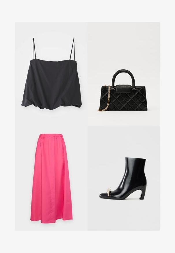 Débardeur noir sans manches avec des fines bretelles, coupe ample et ourlet froncé. Fabriqué en tissu léger avec une texture lisse.; MAX&Co. MATRIGNA - Jupe longue - azaleerot; Bottine noire en cuir brillant, avec un bout pointu et un accent décoratif en or et argent à l'avant. Design à talon carré.; Sac à main noir en cuir texturé, avec un motif en diamant, une sangle en chaîne dorée, et une poignée supérieure avec un rabat à fermeture logotypée.