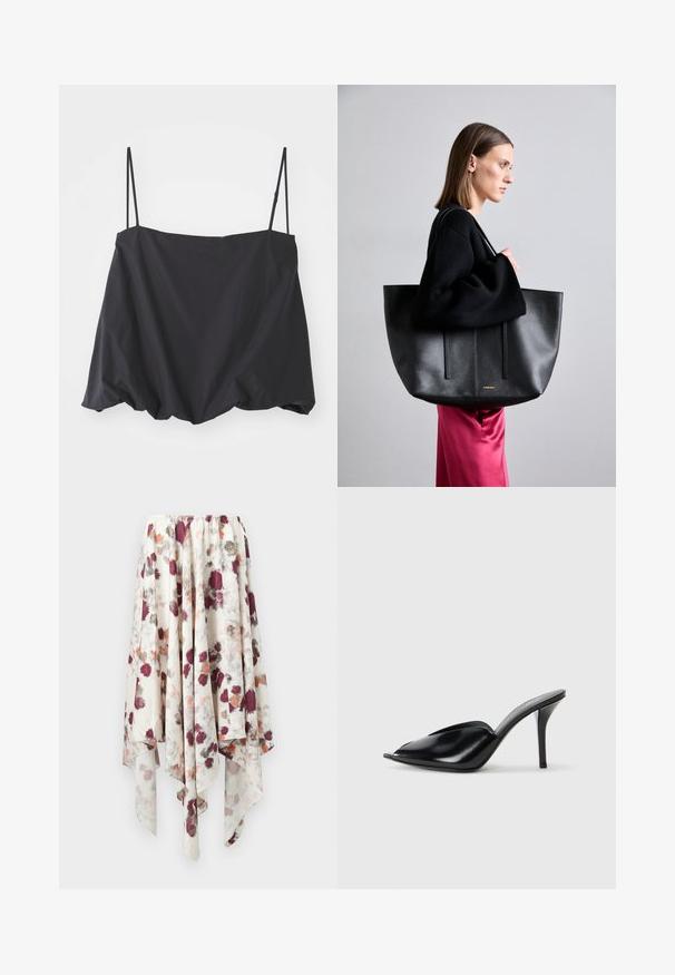 Črna brezrokavna majica s tankimi naramnicami, ohlapen kroj in zbrani rob. Narejena iz lahkega blaga z gladko teksturo.; Bela krpa-oblika krila z maroon, sivo in oranžno akvarel cvetličnim vzorcem, ki ima elastičen pas.; Črne usnjene mule s visokimi petami, odprto nosilo, bodičast dizajn, gladka tekstura in ozka stiletnica.; Črna usnjena torba z teksturiranim zaključkom, ki ima dve navpični črti, dvojne naramnice in minimalističen dizajn.