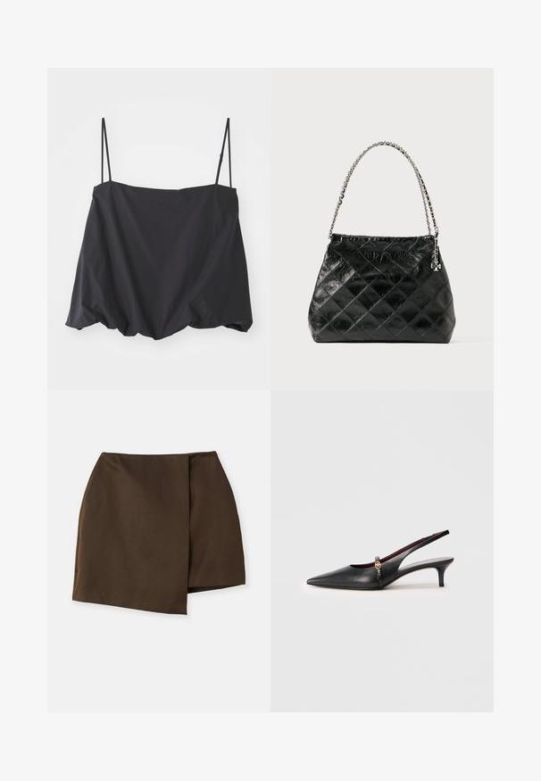 Juodas be rankovių viršus su plonomis petnešėlėmis, laisvas siluetas ir surinkta apatinė dalis. Pagamintas iš lengvos medžiagos su lygiu paviršiumi.; By Malene Birger RAYE - Trapecinis sijonas - dark mahogany; Juodas odinis slingback stiletas su smailiu pirštu, plonu kulnu ir auksine detale šalia kulkšnies dirželio. Lygus paviršius ir paprastas dizainas.; Juoda pūsta odinė rankinė su sidabrine grandinėlės rankena, pasižyminti struktūruotu dizainu ir lygiu paviršiumi.