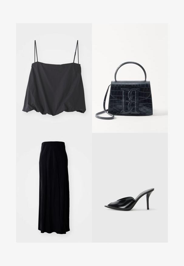 Black sleeveless top with thin straps, loose fit, and gathered hem. Made of lightweight fabric with a smooth texture.; Black maxi skirt made from soft fabric; features a straight silhouette, smooth texture, and a slightly flared hemline.; Black leather high-heeled mules with an open toe, pointed design, smooth texture, and a slim stiletto heel.; Black crocodile-embossed leather handbag with a structured design, top handle, adjustable strap, and a prominent front logo detail.