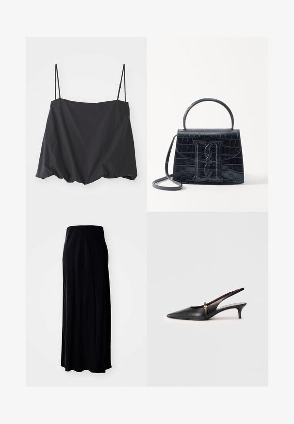 Débardeur noir sans manches avec des fines bretelles, coupe ample et ourlet froncé. Fabriqué en tissu léger avec une texture lisse.; Jupe maxi noire en tissu doux ; présente une silhouette droite, une texture lisse et un ourlet légèrement évasé.; Escarpin noir en cuir avec un bout pointu, un talon fin et un accent doré près de la sangle de la cheville. Texture lisse et design épuré.; Sac à main en cuir noir embossé en crocodile avec un design structuré, une poignée supérieure, une bandoulière ajustable et un détail de logo en avant bien visible.