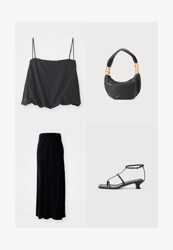 Black sleeveless top with thin straps, loose fit, and gathered hem. Made of lightweight fabric with a smooth texture.; Black maxi skirt made from soft fabric; features a straight silhouette, smooth texture, and a slightly flared hemline.; Black leather sandal with a square toe, thin straps, adjustable ankle strap, and a low heel. Features a small gold accent on the strap.; Black leather handbag with a round shape, soft texture, and a knotted handle featuring gold-tone hardware accents. Zipper closure.